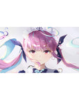 Anime girl desk pad 40x20 inches with pastel twin-tails, teal ribbons, sparkles, and white background.