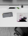 Kaneki from Tokyo Ghoul on 14x10 inches mouse pad, featuring his sinister smile, white hair, and glowing red eye in snowy chaos.