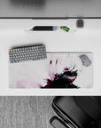 Anime mouse pad featuring Kaneki from Tokyo Ghoul, size 28x12 inches, showcasing his sinister smile and snowy chaos.