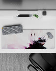 Anime mouse pad 32x12 inches featuring Kaneki from Tokyo Ghoul, showcasing his intense red eye and sinister smile.