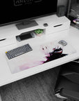 Kaneki themed anime mouse pad, 32x12 inches, featuring his sinister smile, white hair, and glowing red eye in a snowy chaos.