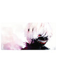 Anime mouse pad 32x16 inches featuring Kaneki from Tokyo Ghoul, showcasing his sinister smile, white hair, and red eye.