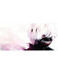 Anime mouse pad 36x16 inches featuring Tokyo Ghoul's Kaneki with white hair and red eye, capturing his sinister smile.