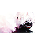 Anime desk pad featuring Kaneki from Tokyo Ghoul with a sinister smile, white hair, and red eye, size 40x20 inches.