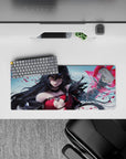 28x12 inches anime girl mouse pad in cool sky tones with vivid crimson accents and dramatic glow.