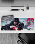Anime girl mouse pad 32x12 inches in crimson and cool sky tones, dramatic glow and magical atmosphere.