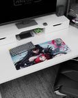 28x12 inches anime sorceress mouse pad casting a spell, red petal shards swirling around her hand.