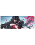Anime girl mouse pad 32x12 inches with a sorceress, red shards, flowing dark hair, and sky backdrop.