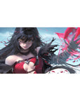 Anime girl sorceress desk pad 40x20 inches with dark hair, amber eyes, and swirling red spell shards.