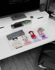 28x12 inches anime girl mouse pad featuring four friends: bow girl, blonde, brunette plaid skirt, shy redhead.