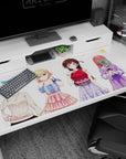 40x20 inches anime girl desk pad showing four friends: blue bow, blonde frills, red top plaid, lavender lace.