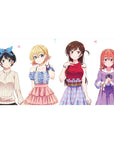 40x20 inches anime girl desk pad with four cute heroines on a clean white background, mall friends vibe.