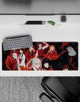 Red-and-black anime mouse pad 32x12 inches with glossy checkerboard, electric red glow, and edgy school vibe.