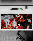 Red-glow anime desk mat 32x16 inches, sharp school vibe with splashy streaks, bold blacks and reds.