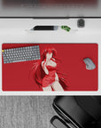 Rias Gremory anime mouse pad, size 32x16 inches, features her silhouette in a red dress with iconic crimson hair on a red background.