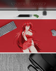 Rias Gremory anime desk pad, 40x20 inches, in a bold red dress with crimson hair on a solid red background, perfect for fans.