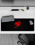 32x12 inches anime mouse pad in bold red and charcoal, sleek confident vibe with sharp flame mark.