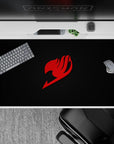 40x20 inches anime desk pad in bold red and charcoal black, sleek daring vibe, crisp flame mark.