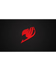 Anime desk pad 40x20 inches with a crimson guild emblem on deep charcoal black, sharp minimalist logo.