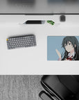 Sky-blue airy anime mouse pad 14x10 inches with cool calm vibe, dark hair contrast, smooth tracking.