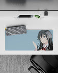 28x12 inches anime girl mouse pad in cool sky-blue tones, airy minimalist vibe for calm study-night setups.