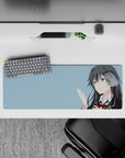 Sky-blue airy anime girl mouse pad 32x12 inches, cool calm vibe with dark hair contrast for study nights.