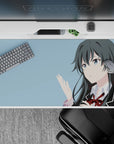 Sky-blue anime desk pad 40x20 inches, airy cool mood, dark hair contrast for long study nights.