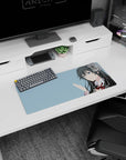 28x12 inches Yukino Yukinoshita mouse pad with calm gaze and tiny hand gesture, dark hair on sky-blue.