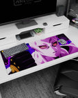 Artistic 36x16 inches desk pad with Kira's Stand, featuring menacing eyes and a mysterious purple aura.