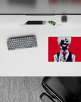 Tokyo Ghoul anime mouse pad, 14x10 inches, featuring Kaneki's chilling grin with a blood-red background and glowing eye.