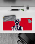 Anime mouse pad featuring Tokyo Ghoul's Kaneki Ken, 28x12 inches, with a striking red background and iconic glowing eye.