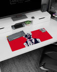 Tokyo Ghoul anime mouse pad, 28x12 inches, features Kaneki's iconic grin, blood-red background, black and white contrast.
