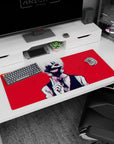 Tokyo Ghoul anime desk pad 36x16 inches featuring Kaneki's iconic grin in stark black, white, and blood-red tones.