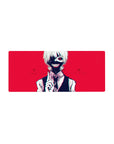 Tokyo Ghoul anime mouse pad, 28x12 inches, featuring Kaneki's iconic grin against a blood-red background, bold and intense.