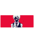 Tokyo Ghoul anime mouse pad 32x12 inches featuring Kaneki's iconic grin against a blood-red backdrop, perfect for gaming.