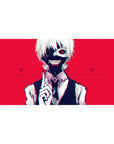 Tokyo Ghoul desk pad, 40x20 inches, featuring Kaneki's iconic grin with a blood-red backdrop and glowing eye.