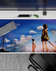 Calm pastel sunset anime desk pad 40x20 inches, soft blue sky with pink-lavender clouds and airy space.