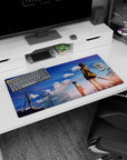 32x16 inches anime mouse pad showing a girl in cardigan and skirt, boy in distance on a quiet walk home.