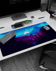 Large 40x20 inches mouse pad showcasing moonlit mountain landscape, with deep blues, purples, and a full moon for a tranquil workspace effect.