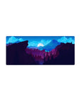 Mouse pad featuring moonlit mountain landscape, 28x12 inches, with deep blues, purples, and a full moon for a tranquil night design.