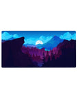 Mouse pad featuring moonlit mountain landscape, 32x16 inches, with deep blues, purples, and a bright full moon for a calming vibe.