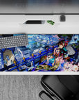 36x16 inches anime desk pad in cobalt blue and candy pink, soft festival-day charm with blossoms.