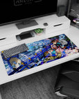 36x16 inches desk pad featuring an anime girl in ornate kimono by cherry blossoms and blue railings.