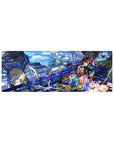 Festival-day anime girl mouse pad 32x12 inches with kimono, cherry blossoms, and sky-city backdrop.