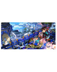Anime girl mouse pad 32x16 inches with kimono detail, cherry blossoms, cobalt rails, and sky-city view.