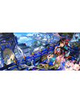 36x16 inches anime girl desk pad with kimono, cherry blossoms, cobalt rails, and sky-city backdrop.