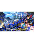 Anime girl desk pad 40x20 inches with kimono pattern, cherry blossoms, cobalt rails, and sky-city backdrop.