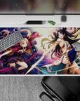 Mythological 40x20 desk pad showcases Ishtar and Ereshkigal's clash with vibrant energy for fans of powerful goddesses