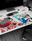 Karen Araragi winking with Shinobu peeking in on an anime girl desk pad 40x20 inches, candy shapes floating.