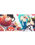 Monogatari-inspired anime girl desk pad 36x16 inches with Karen and Shinobu, playful candy shapes.